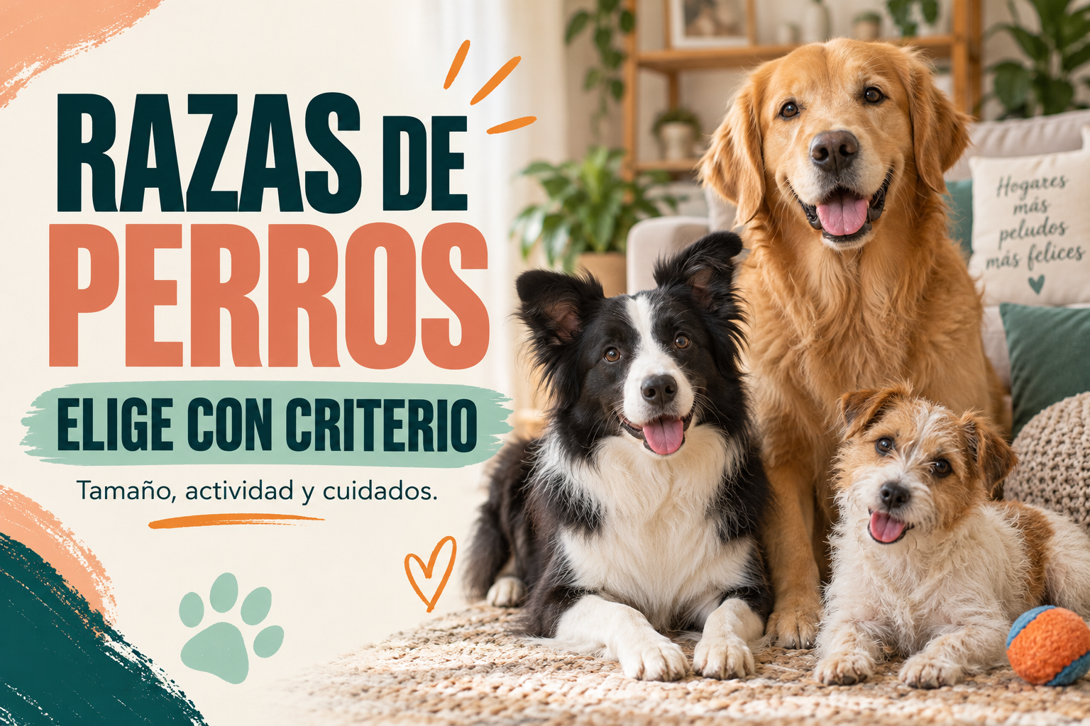 Portada editorial de razas de perros, con tres perros de diferentes tamaños.