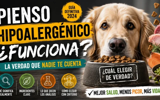 Perro ante un comedero con pienso hipoalergénico junto a ingredientes frescos