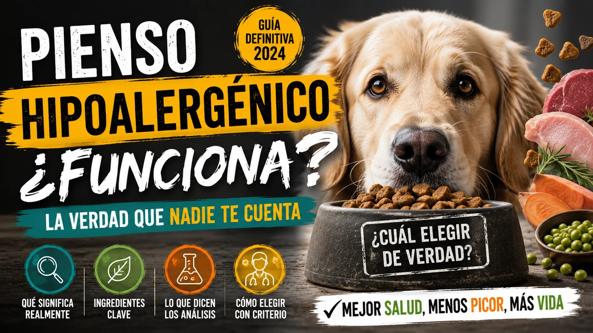 Perro ante un comedero con pienso hipoalergénico junto a ingredientes frescos