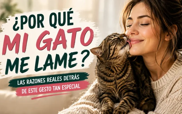 Gato atigrado lamiendo la mejilla de una mujer que sonríe