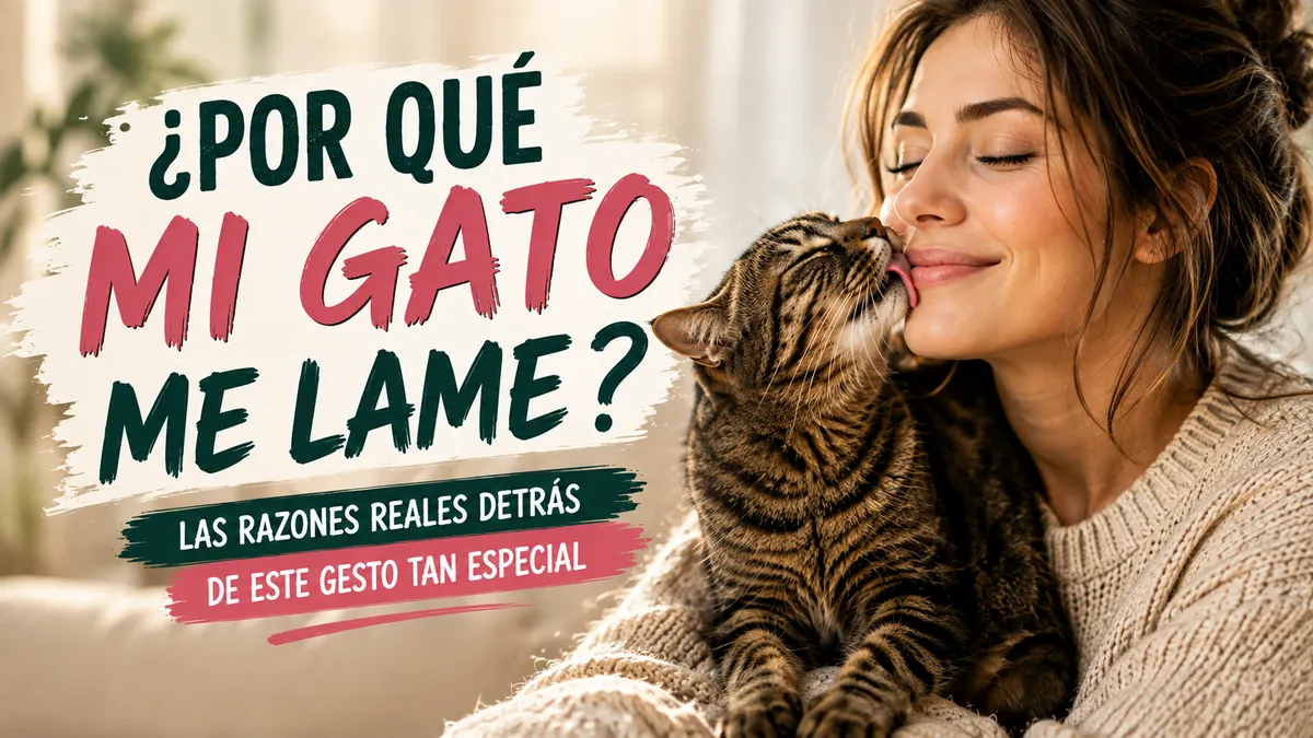 Gato atigrado lamiendo la mejilla de una mujer que sonríe