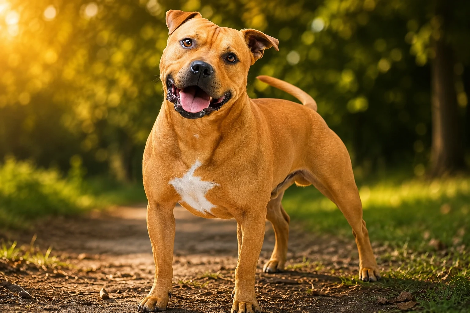 Staffordshire bull terrier adulto sentado