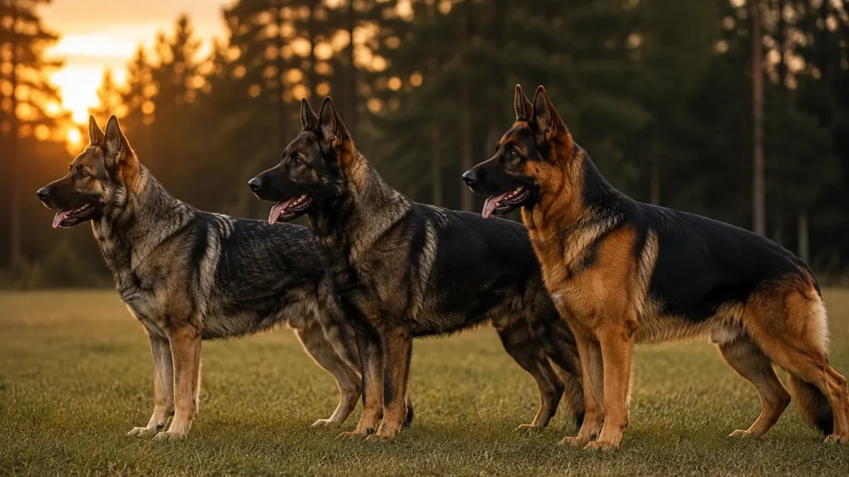 Tres pastores alemanes de distintas líneas de cría, de perfil sobre hierba al atardecer