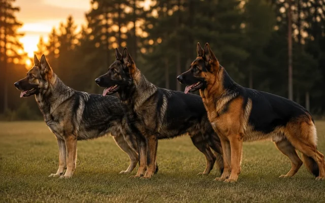 Tres pastores alemanes de distintas líneas de cría, de perfil sobre hierba al atardecer
