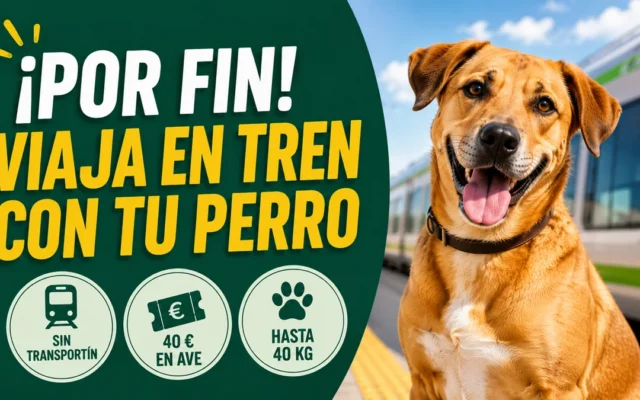 Perro mestizo sonriente en el andén junto a un tren, con el rótulo «Viaja en tren con tu perro» y las insignias sin transportín y hasta 40 kg