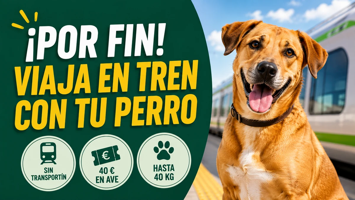 Perro mestizo sonriente en el andén junto a un tren, con el rótulo «Viaja en tren con tu perro» y las insignias sin transportín y hasta 40 kg