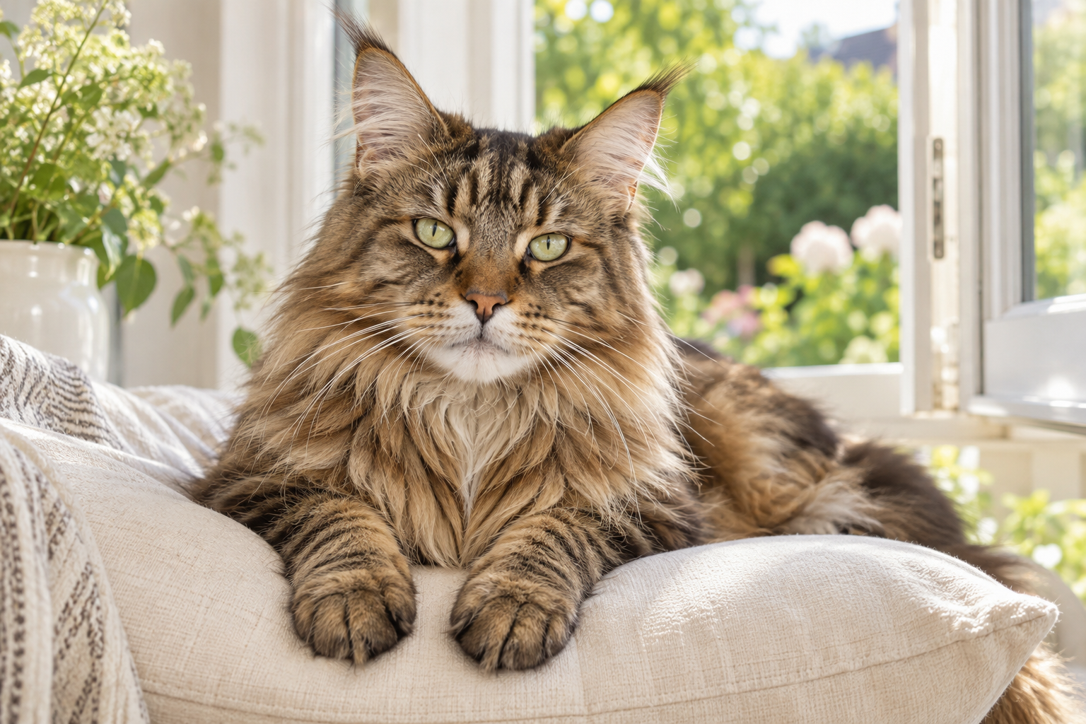Gato maine coon descansando junto a una ventana