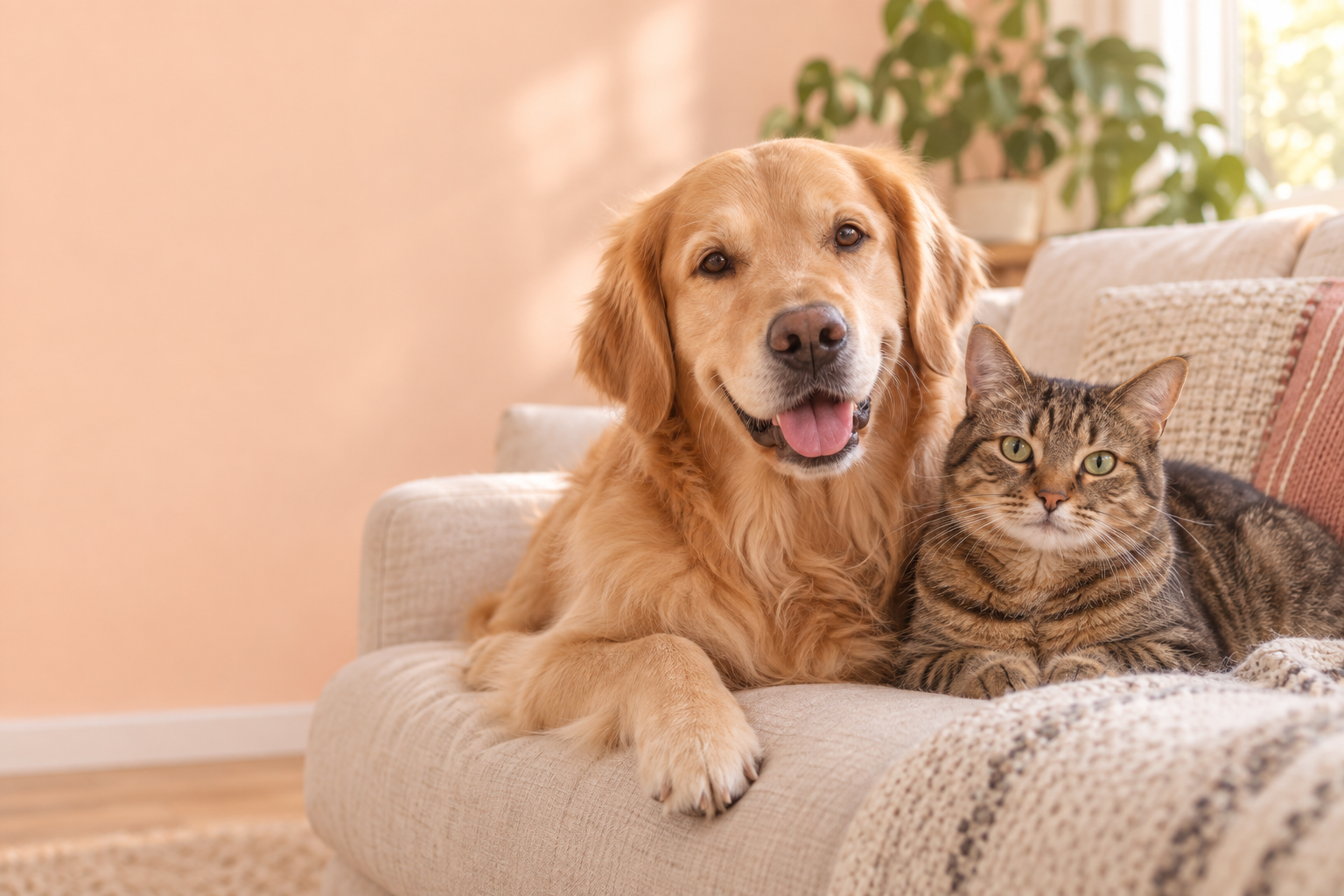 Un perro y un gato descansan juntos en un sofá claro