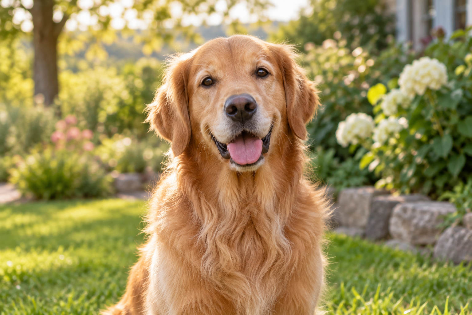 Golden retriever en un jardín con luz natural
