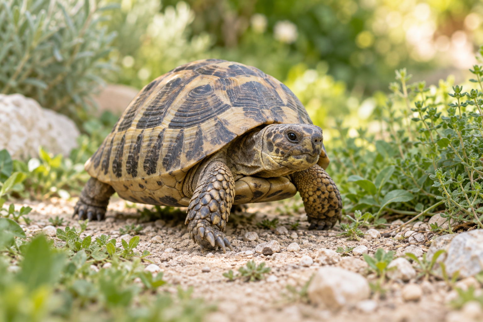 Tortuga de tierra caminando entre plantas de jardín